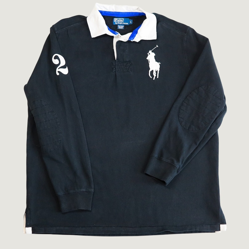 Polo Ralph Lauren Rugby Shirt Mens L Big Pony #2 Under Collar Elbow Patches
